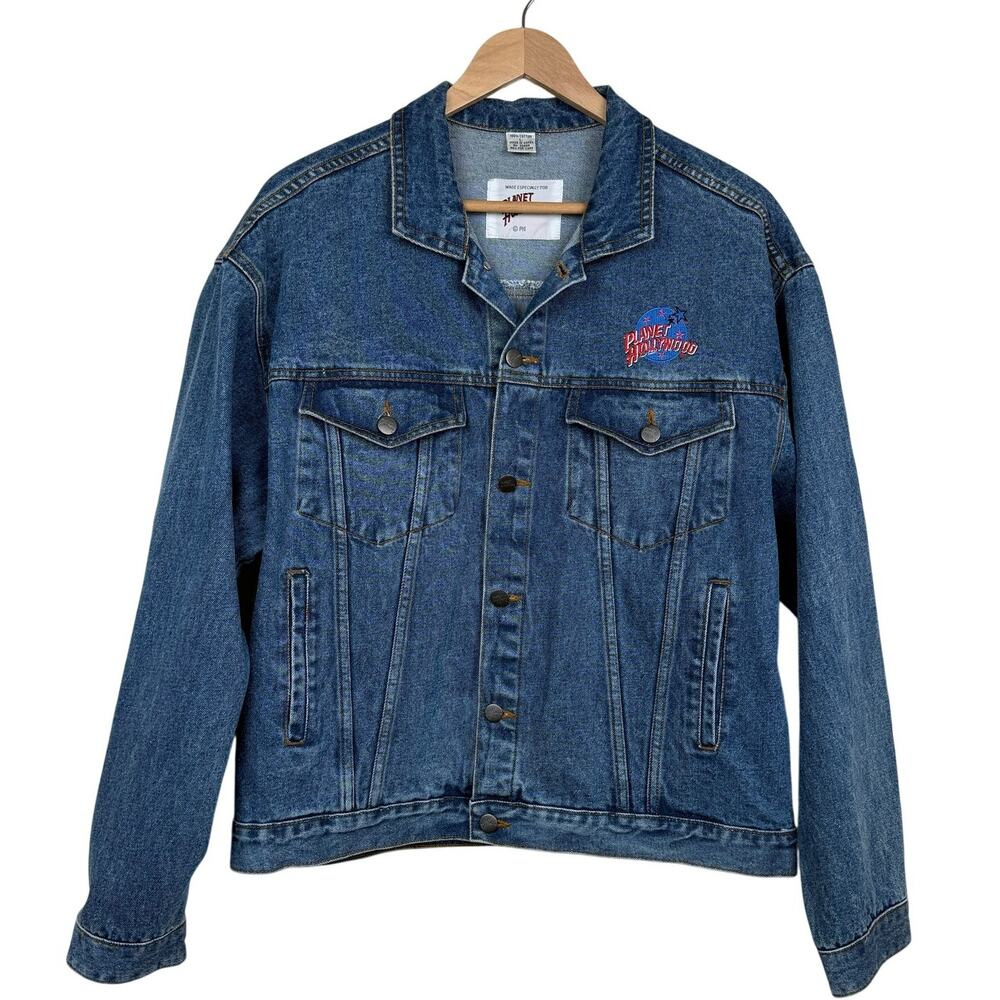 Planet Hollywood Denim Jean Jacket 90s Vintage Embroidered Logo Streetwear L